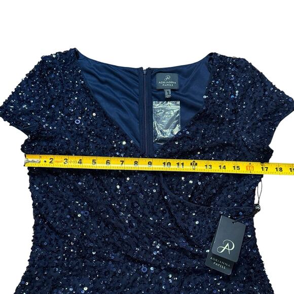 NWT Adrianna Papell Womens Sequin Bead Top Cap Sleeve Wrap Front Formal Navy 10 - Picture 5 of 13